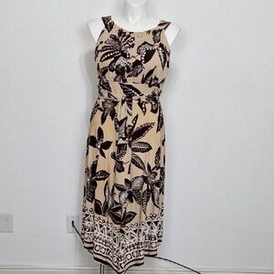 Taylor Asymmetrical Black & Tan Abstract Floral Halter Sundress Size 16